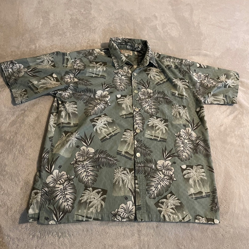 Vintage Paradise Island Mens XL Hawaiian‎ Shirt Green Tropical Floral Button Up